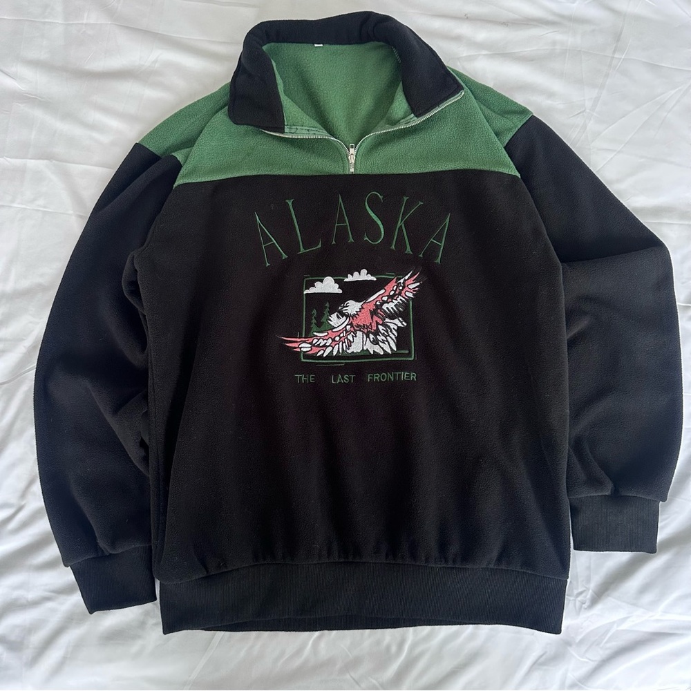 Alaska Green Black Color Block Fleece Quarter Zip Collared Pullover Sweater‎ XL